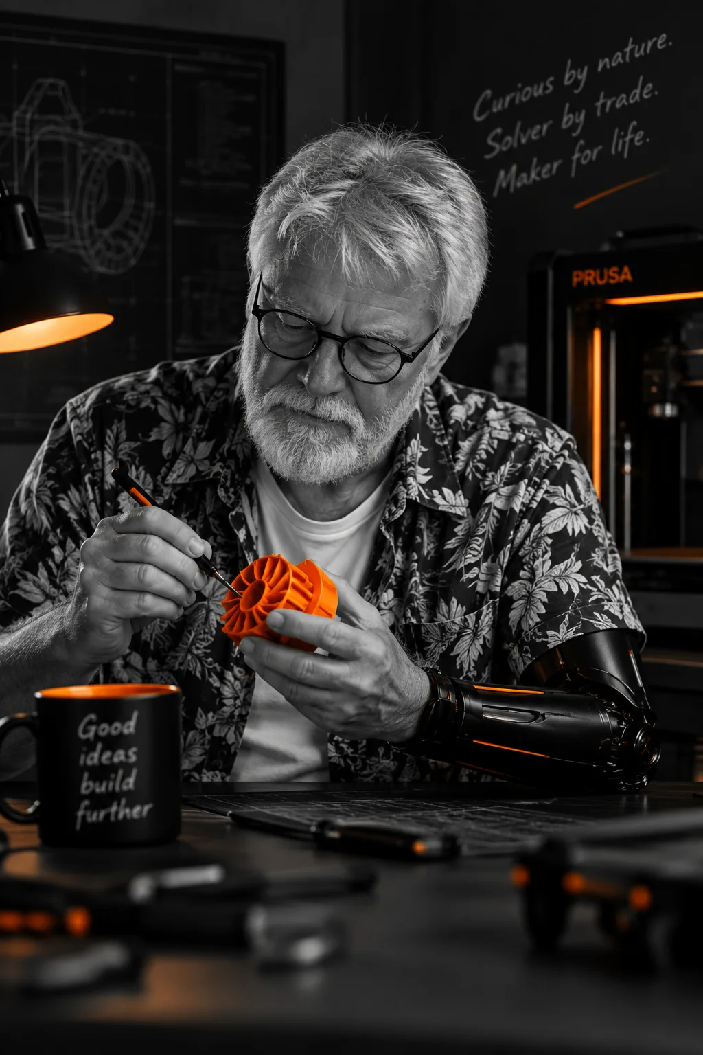 Netkravler image style: monochrome workshop scene with selective orange highlights