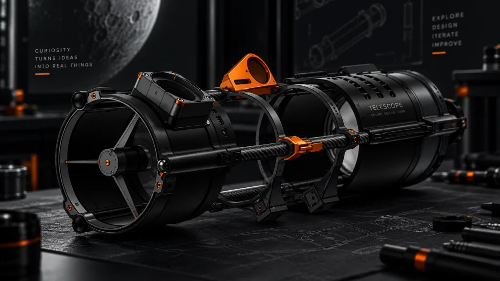 Custom-built telescope designed in Fusion 360, shown in a dark technical render with orange details.