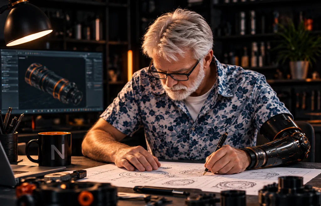 Netkravler sketching a mechanical design at a workbench